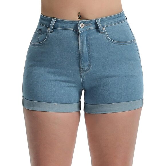 Middle Blue High Waisted Summer Elastic Folded Hot Denim Hem Shorts for Women - Picture 1 of 5